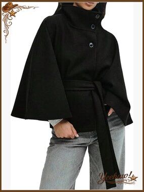 Bat Wing Sleeve Pea Coat Poncho Cape Cropped Trench Coat with Belt